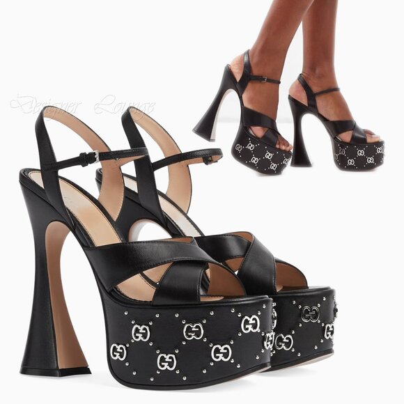 NEW GUCCI Janaya Interlocking G Studs Black Leather Platform Sandals 38.5 US 8.5 - Picture 1 of 15